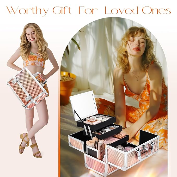 Joligrace Dazzle Gold Makeup Train Case, 3-Tier Makeup Box Organizer and Portable Makeup Organizer Box, Hard Makeup Case with Mirror and Lock, Professional Makeup Case for Women