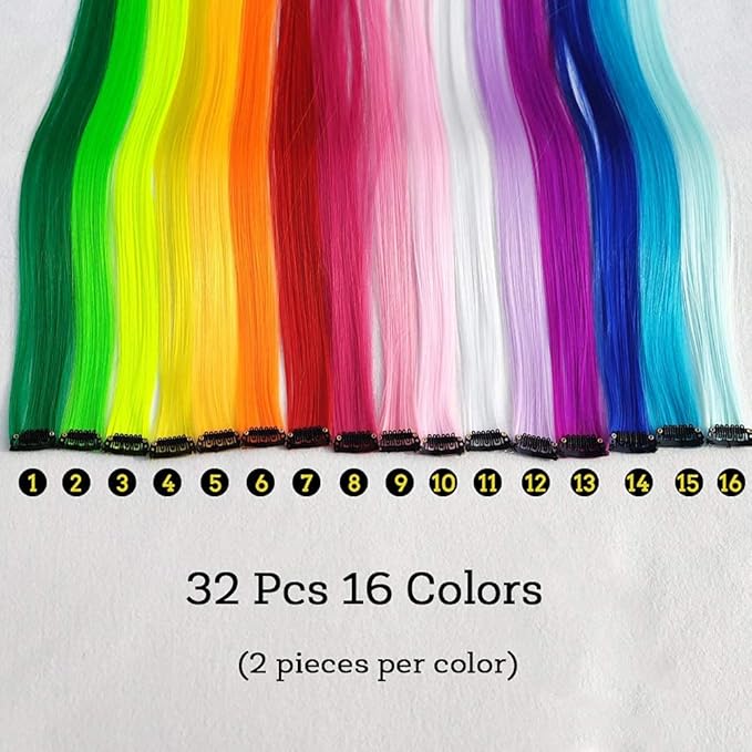 32Packs Colored Hair Extensions 20Inch Straight Color Clip in on Hair Extension Rainbow Party Highlights Synthetic Hairpiece(16 colors)