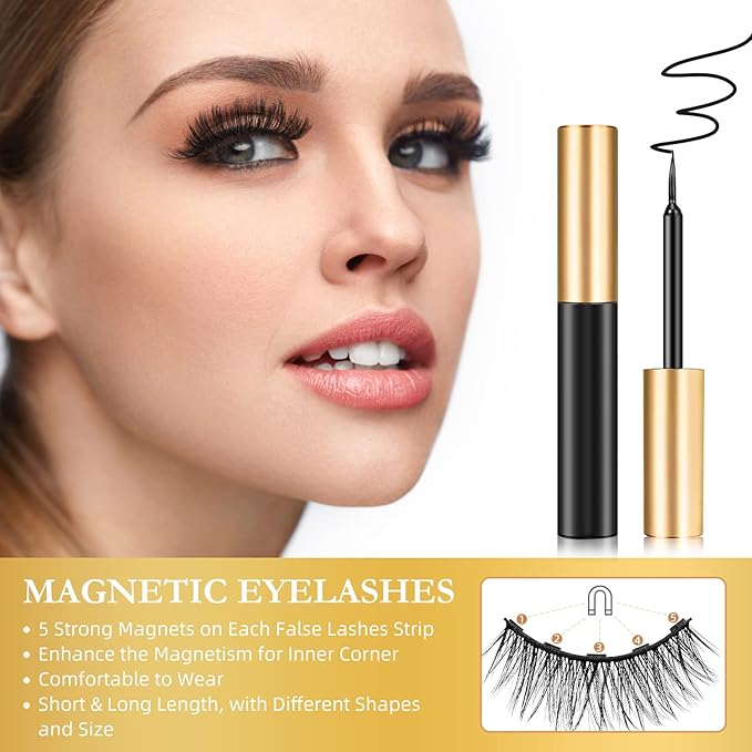 Magnetic Eyelashes, 14 Pairs False Lashes with 3 Tubes of Magnetic Eyeliner, Magnetic Lashes, Natural Look Kit with Tweezers, Reusable, No Glue