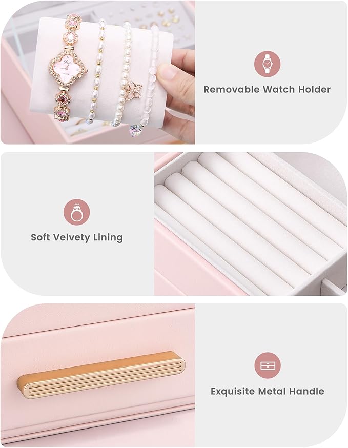 Lolalet 2-Layer Jewelry Box Organizer for Women Girls, Jewelry Storage Case Holder with Drawers for Necklaces Ring Earrings Bracelet Watch, Gifts for Galentines Valentines Girlfriend Wife -Pink