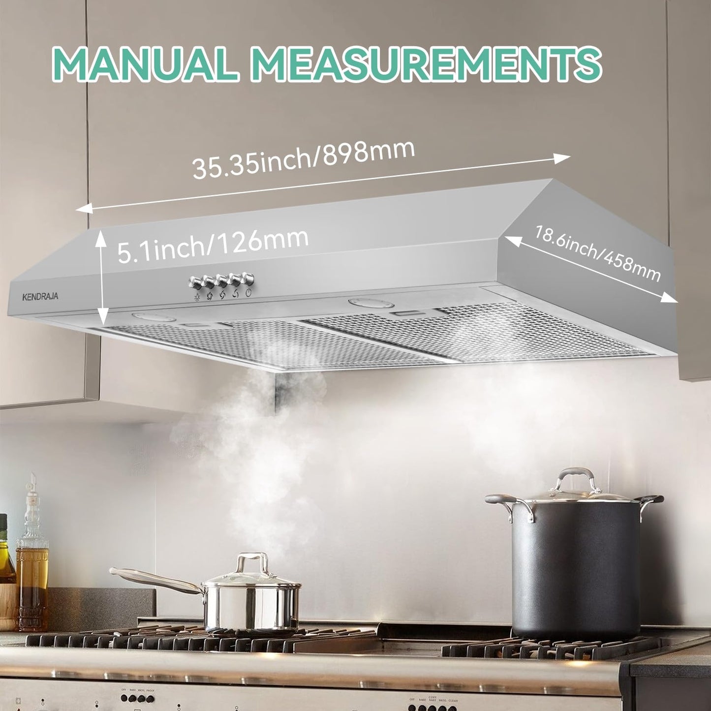 Kendraja 36 Inch Under Cabinet Range Hood | 700 CFM Stainless Steel | Convertible Ducted/Ductless | Washable Grease Filters | 3 Speed Fan | LED Lighting | Includes Charcoal Filters