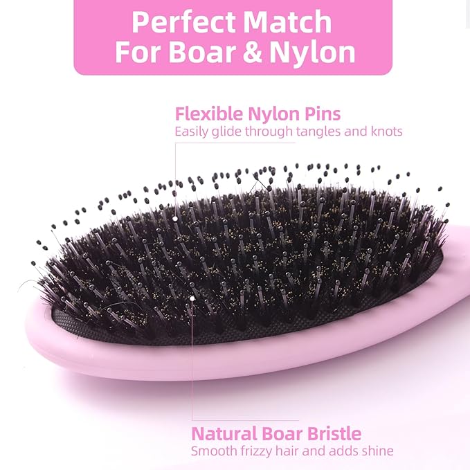 Boar Bristles Hair Brush for Women and Men, Detangling Hair Brush for Smoothing Massage Add Shine, Nylon&Boar Bristles Detangler brush for Hair Healthy (1 Pcs-Pink&White)