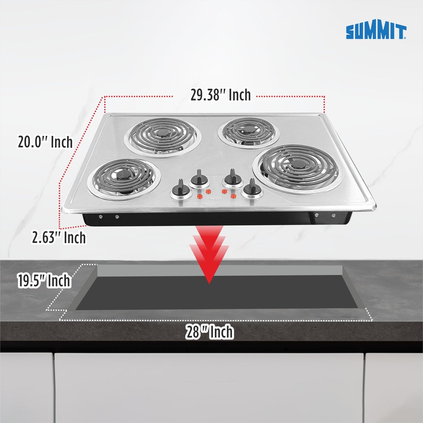 Summit 30" 4 Burner Electric Cooktop, 230 Volt Coil Electric Cooktop, ADA compliant, Stainless Steel- CR430SS