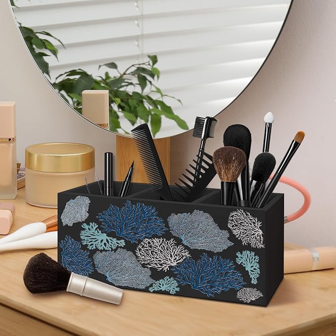 Coastal Beach Coral Pen Pencil Holder for Desk, Beach Office Decor, Ocean Nautical Blue Coral Wooden Box Decorative Sign for Home Office Desk Tabletop Decor