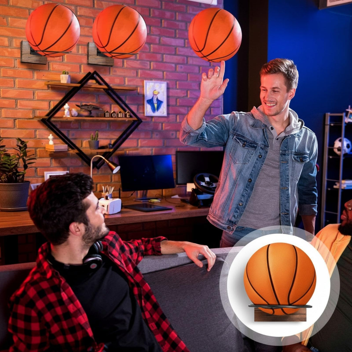 Threan 6 Pcs Ball Holder Wall Mount Ball Stand Display Storage with Wooden Base for Basketball Football Soccer Volleyball, Sports Accessories Organizer for Player Fans