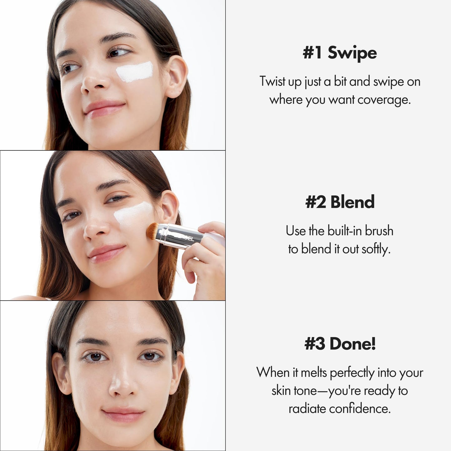 ELROEL Blanc Cover Cream Stick V White 0.45 oz - Korean Color-Changing Foundation Stick with Volufiline - Medium to Full Coverage Dewy Finish Base Makeup - Dual-Ended Detachable Brush (#202 Natural)