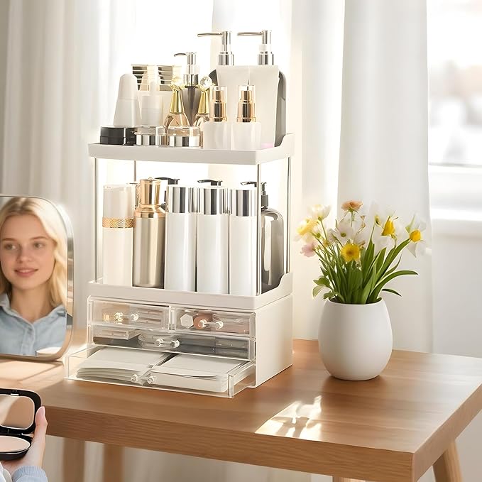 Bathroom Organizers and Storage, 5-Tier 4-Drawer Makeup Organizer Countertop, Multi-Purpose Large Makeup Vanity Organizer, Hair Product, Perfume & Skincare Storage, White