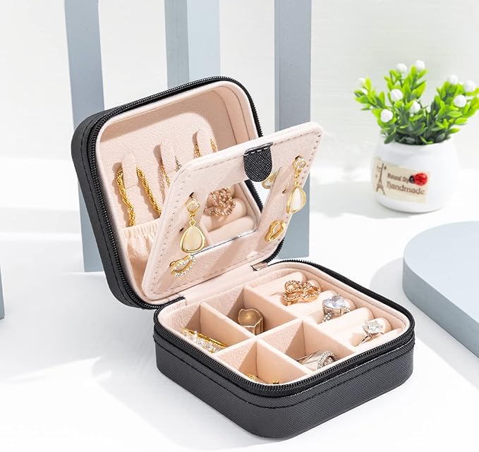KElofoN Travel jewelry case Travel jewelry box Travel Jewelry Organizer Small Jewelry Organizer Box Gift for Girls Women with Mirror(Black)