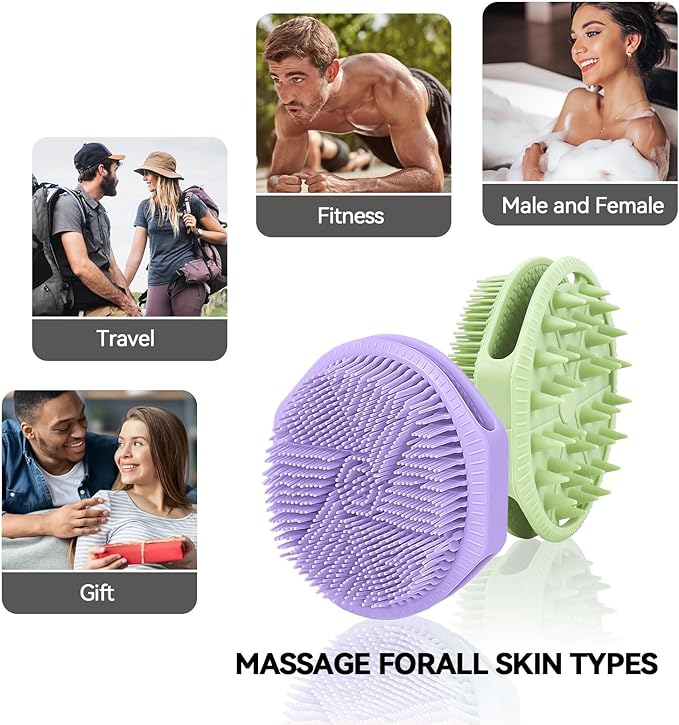 2-Pack Soft Silicone Dual-Sided Body Scrubber & Loofah | Gentle Exfoliating Shower Brush for Men & Women | Creates Rich Lather, Easy to Clean (Green & Purple)