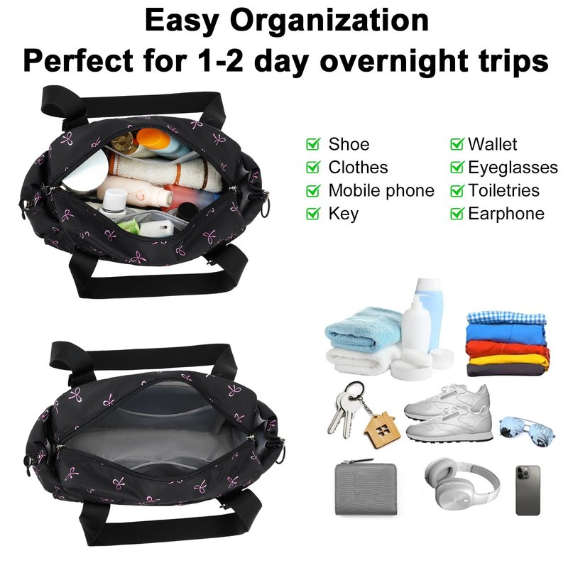 CAMTOP Mini Gym Bag for Women, Small Gym Tote Bag Puffy Quilted Sports Duffel Bag with Wet Compartment and Coin Purse Duffel Bags Dance Yoga Workout Bag for Gifts (Black Pink Bow, Mini-12.6")