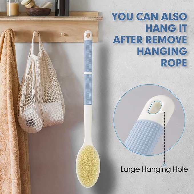Backski Back Scrubber Anti Slip for Shower, Shower Brush Long Handle with Stiff and Soft Bristles, Body Exfoliator for Bath or Dry Brush(Blue)