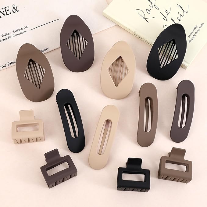 12 Pack Flat Hair Clips for Women-3 Styles Matte Neutral Flat Claw Clips, Black, Blonde,Light Brown & Dark Brown, French Duckbill Styling Accessories (Matte Neutral-2)