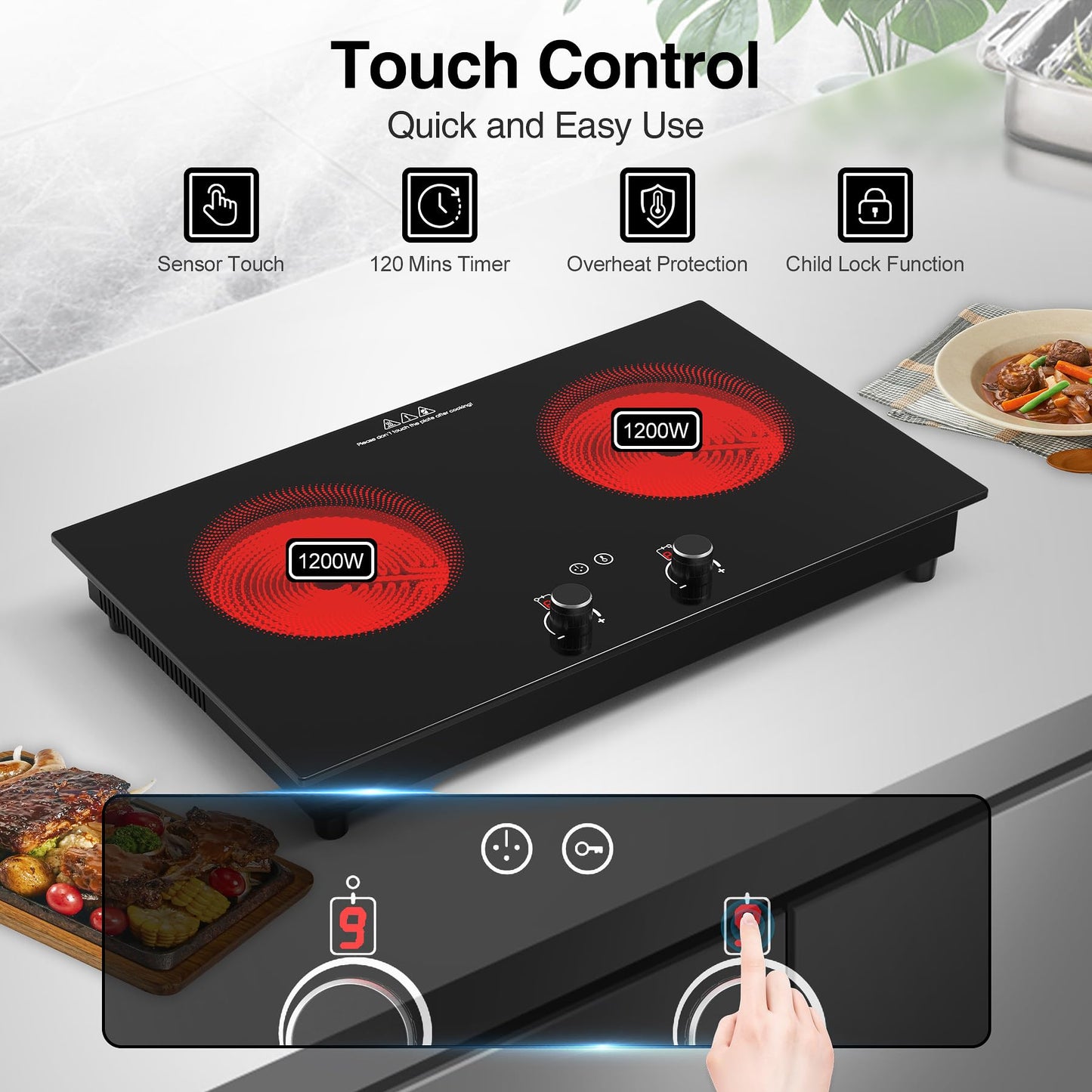 VBGK Electric Cooktop,2400W Electric Stove Top,Countertop and Built-in Hot Plate with Child Safety Lock, Timer, LED touch Knob Control,Overheat Protection,110V 2 Burner Induction Cooktop