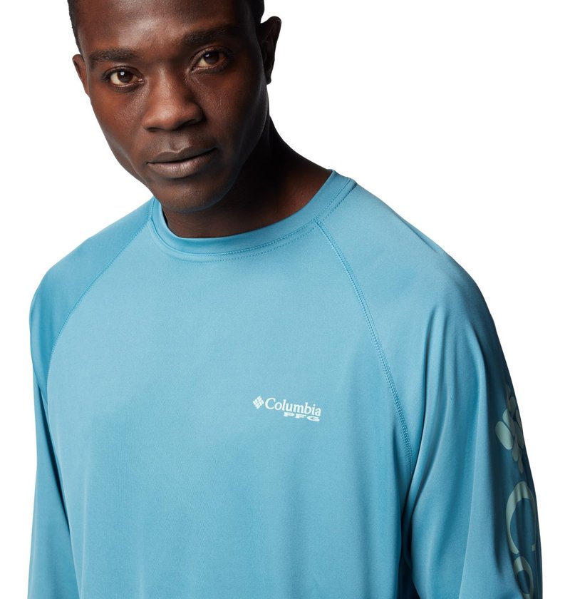 Columbia Men's Terminal Tackle Long Sleeve Fishing Shirt, Canyon Blue/ICY Morn Logo, 6X