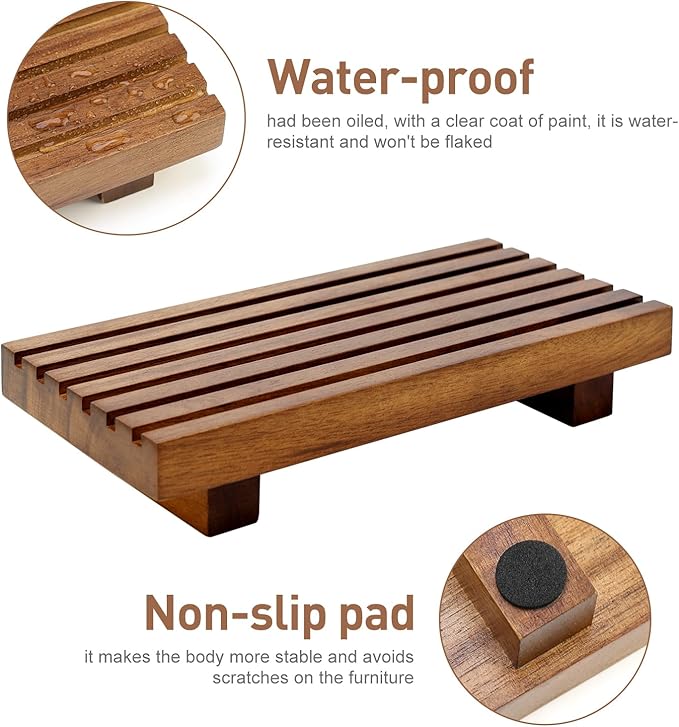 Acacia Wood Riser for Bathroom Sink Tray Kitchen Counter Decor Trays Pedestal Stand Sponge Soap Dish Holder Decorative Wooden Risers for Kitchen Sink Soap Tray Vanity Bathroom Countertop Accessories