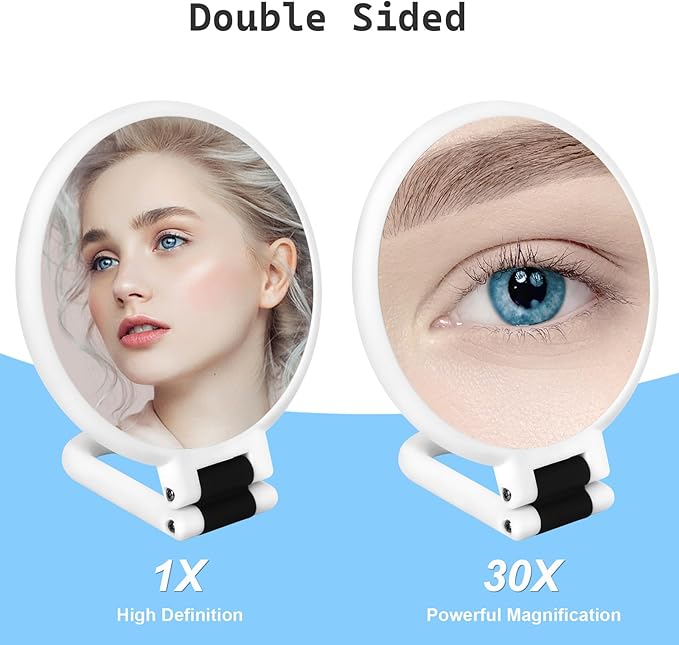 30x Magnifying Mirror, Travel Hand Mirrors with Handle - Double Side Handheld Mirror with 1X 30X Magnification & Adjustable Handle, Hand Held Foldable Travel Mirror for Makeup(Pearl White)