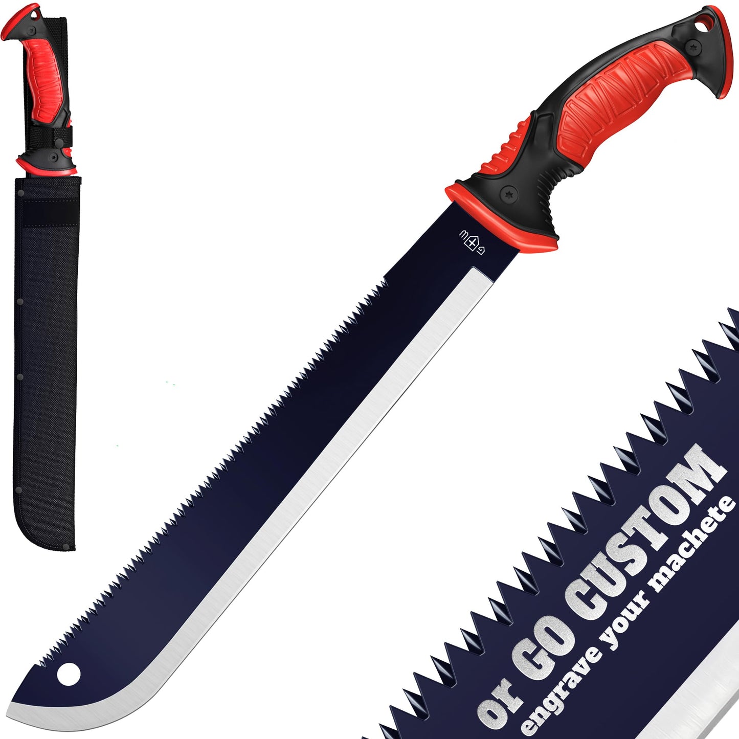Machete with Saw - 19â Heavy Duty Tool & Sheath - Ergonomic No-Slip Handle - Survival Knife with Serrated Blade - Machetes for Bushcraft Hunting Garden Cutting Trees and Yard Work 111084