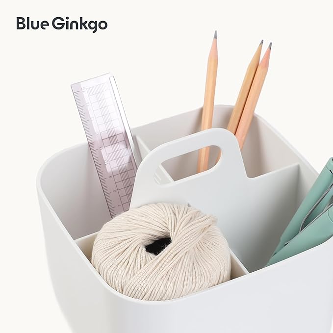 BLUE GINKGO Small Stackable Organizer Caddy – Korean-Made Portable Tote for Bathroom, Office, Crafts, or School Supplies (Square, White)