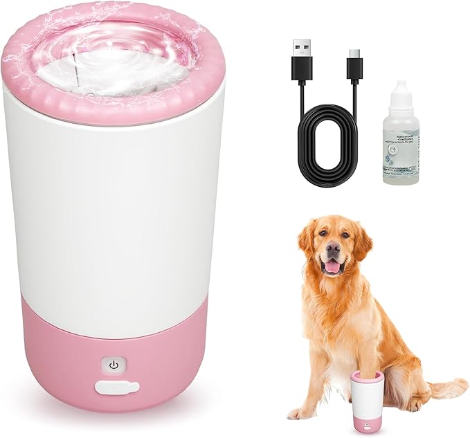 PETCHO Electric Dog Paw Cleaner Cup – Automatic 360° Pet Paw Washer, Rechargeable & Quiet Paw Cleaning Device with Soft Silicone Bristles, Portable Pet Foot Washer for Medium Large Dogs (Pink)