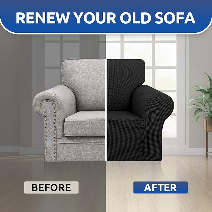 KEKUOU Stretch Single Sofa Slipcover 1 Piece Couch Sofa Cover (31"-55") Furniture Protector 1 Seater Sofa with Elastic Bottom for Kids,Pet.Jacquard Small Checked Pattern Fabric(Small,Black)