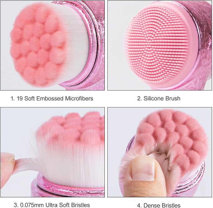 Face Brush 2 in 1, Facial Cleansing Exfoliating Brush with Ultra Fine Soft Bristles for Pore Deep Cleansing Silicone Double Side Face Wash Scrub Brush for Skin Care, Ice Flower Pink