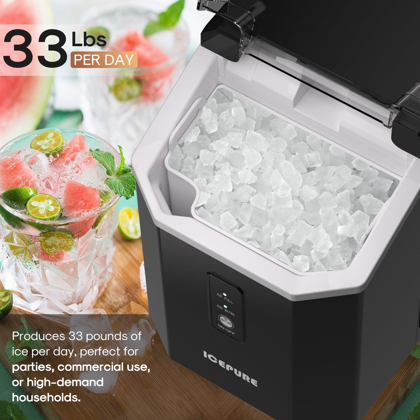 ICEPURE Nugget Ice Makers Countertop with App, Portable Ice Machine with WiFi, 33lbs in 24H, Ready in 5-10 Mins, Self Cleaning，Small Ice Maker with Basket Scoop, for Home/Kitchen/Party/RV/Camping