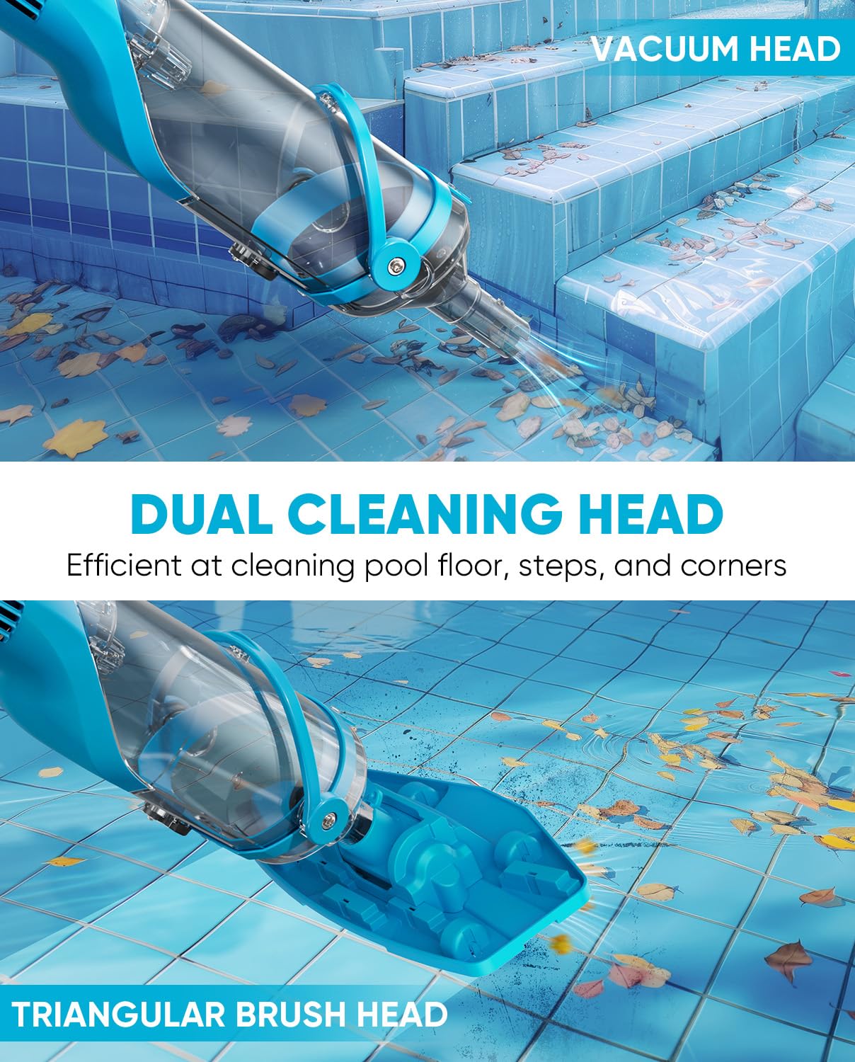 Cordless Pool Vacuum with Telescopic Pole, 18.5 GPM Powerful Suction, 1.5H Supercharge Technology, Handheld Pool Vacuum Cleaner for Above Ground/Inground Pools, Hot Tubs, Sky Blue