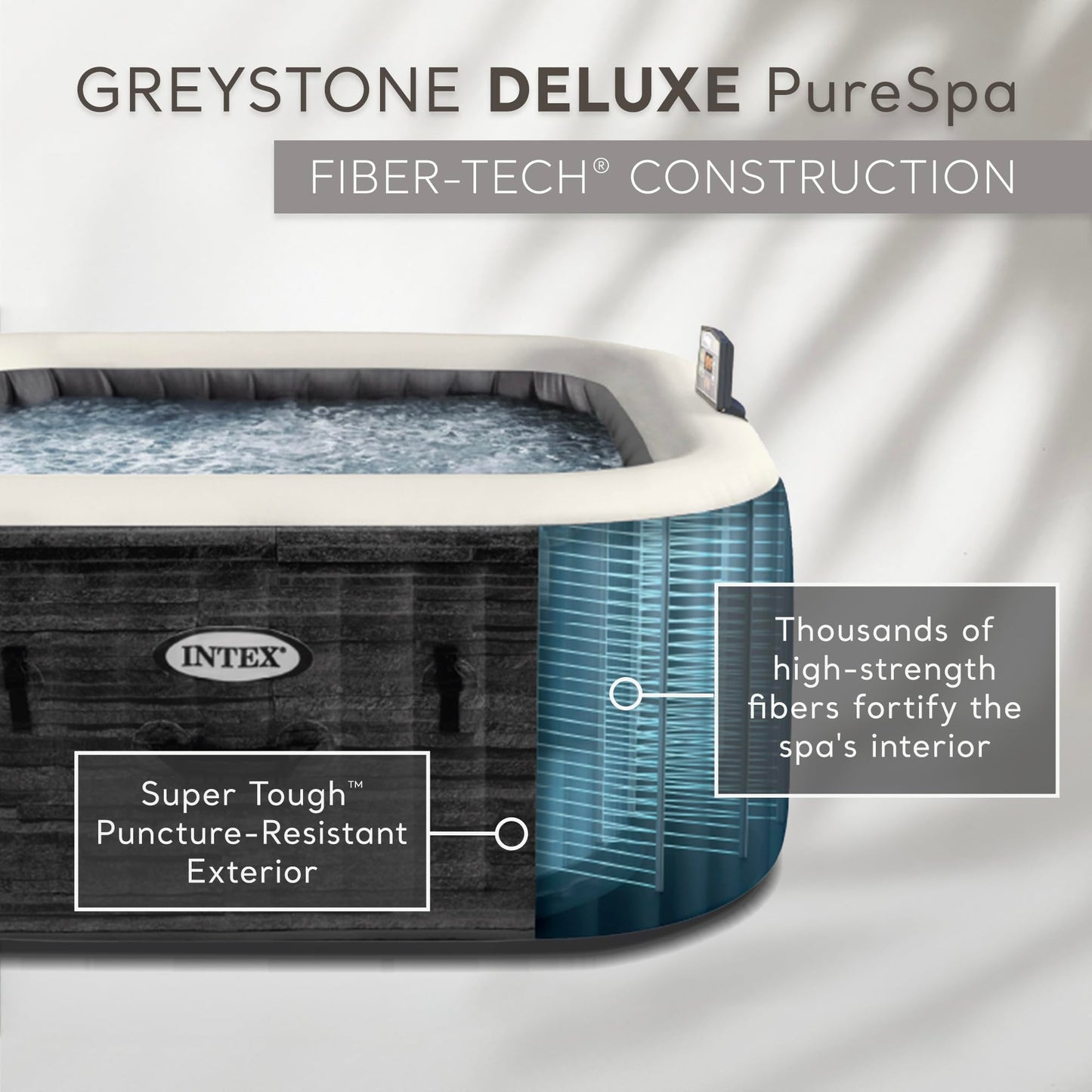 INTEX PureSpa Greystone Deluxe 6 Person Square Inflatable Hot Tub, Bubble Massage Spa Set with Energy Efficient Cover, 2 Headrests, & LED Light, 77 in x 28 in