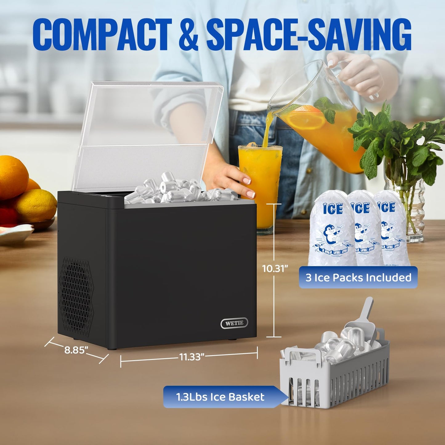 WETIE Ice Maker Countertop, 9 Bullet Ice Cubes in 6 Minutes, 26lbs/24Hrs with 2 Sizes, Portable Ice Machine with Basket, Scoop and Ice Pack, Compact ice Maker for Home, Kitchen, Camping, Party