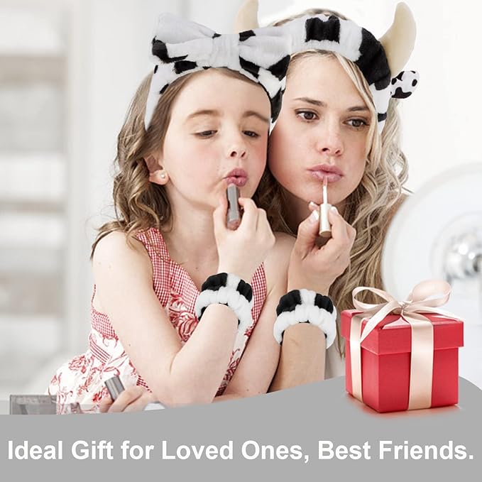 Canitor Cow Print Spa Headband and Wrist Bands Kit - Soft Makeup Headband Cute Cow Ears Skincare Set Gifts for Women Girls