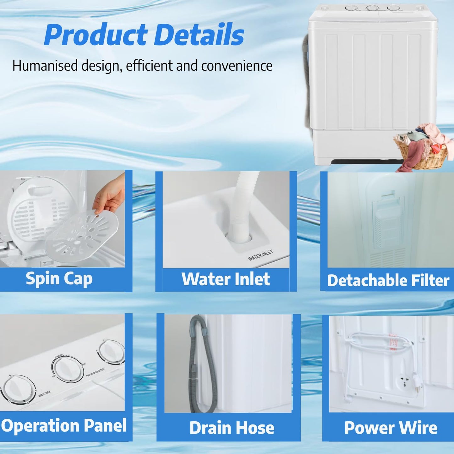 Nictemaw Portable Washing Machine 30Lbs Capacity Washer and Dryer Combo 2 In 1 Compact Twin Tub Laundry Washer (19Lbs) & Spinner (11Lbs) with Drain Pump, Time Control, for Apartment Dorms RV, White