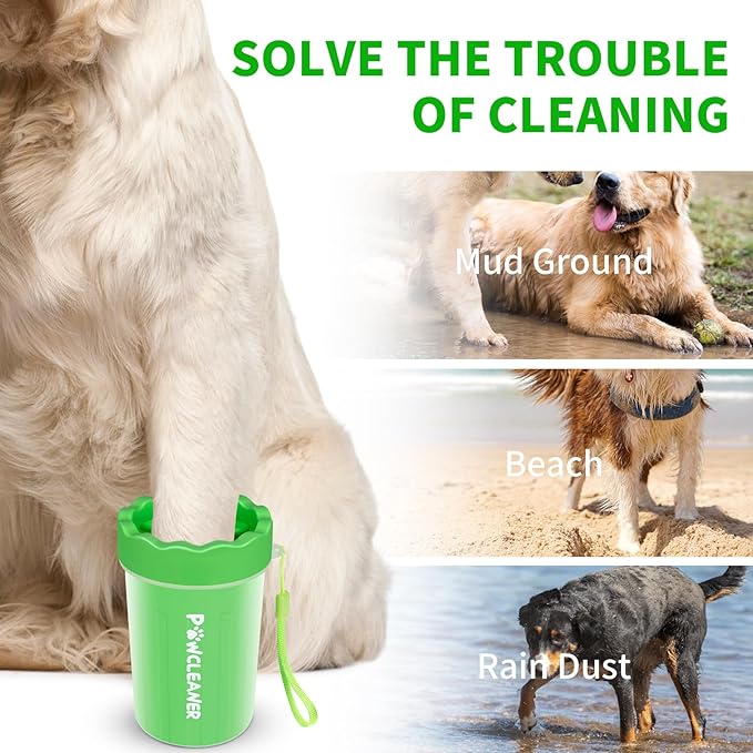 Professional 7 in 1 Dog Paw Cleaner for Dogs & Cats - Includes 1 Portable Paw Washer, 1 Bath Brush, 2 Dog Toothbrushes and 3 Absorbent Towels Note: Fits Paws 1.5 to 2.5 Inches Wide (Medium, Green)