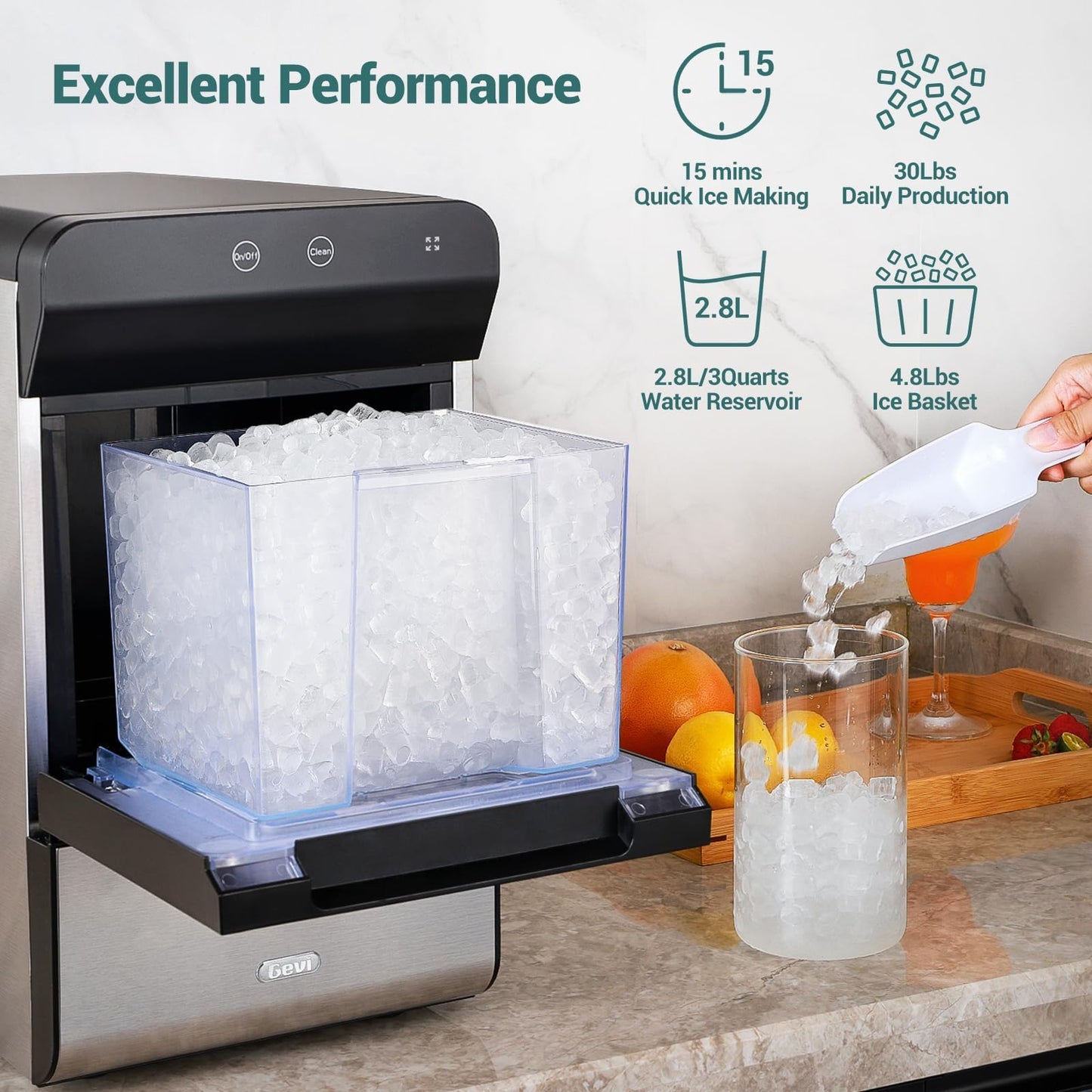 Gevi V2.0 Countertop Gemi Nugget Ice Maker with Viewing Window | Self-Cleaning Pebble Ice Machine | Open and Pour Water Refill | Stainless Steel Housing | 16.7''H Fits Under Wall