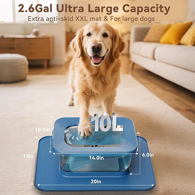 10L No Spill Dog Water Bowl, 2.6 Gal Stainless Steel No Splash Large Dog Water Bowl with Non-Slip Silicone Mat, Spill Proof Slow Drinking Pet Bowls for Messy Drinkers Indoor/Outdoor Use Blue