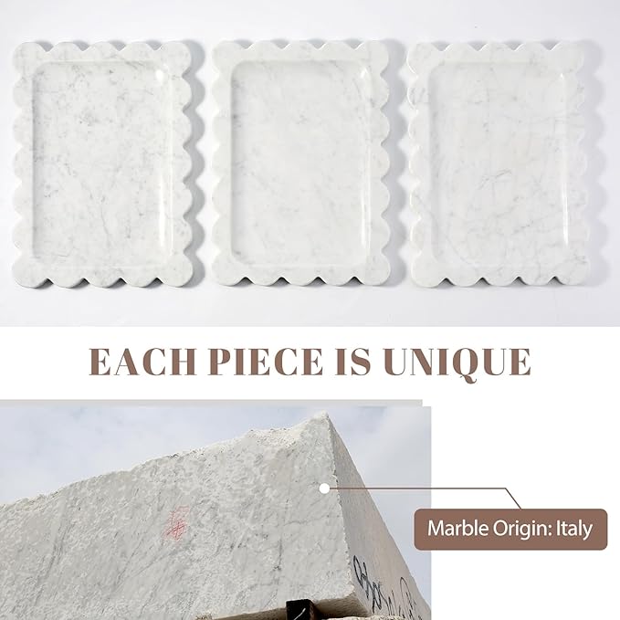 Koville Scalloped Marble Tray, 11"x8" Marble Vanity Tray for Countertop Bathroom Kitchen Dresser, Natural Stone Tray for Jewelry Perfume Home Decor, Decorative Catchall Trays(Bianco Carrara)