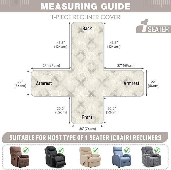 TAOCOCO 100% Waterproof Recliner Chair Cover, Recliner Covers for Recliner Chair with Pocket, Non Slip Reclining Chair Cover Furniture Protector for Kids, Pets(30'', Khaki-Velvet)