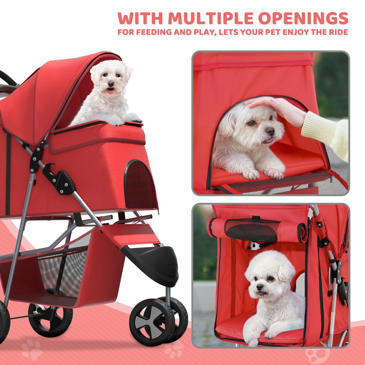 Magshion 3-Wheel Pet Stroller, Foldable Travel Jogger for Small & Medium Dogs & Cats (Up to 33lbs), Lightweight Carrier with Breathable Mesh Cover, Cup Holder & Storage Basket, Red