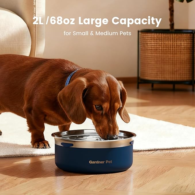 Gardner Pet Slow Water Bowl for Dogs, 2L/68oz Spill-Proof Pet Water Bowl with Floating Disk & Filter Screen, Stainless Steel No-Spill Water Dispenser for Medium Large Pets
