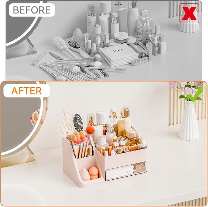 Yieach Countertop Makeup Organizers for Vanity,Bathroom,Dresser,Large Makeup Storage Organizer and Beauty Skincare Organizer,Plastic Makeup Holders and Organizers for Lotion,Hair Product & Tool,Pink