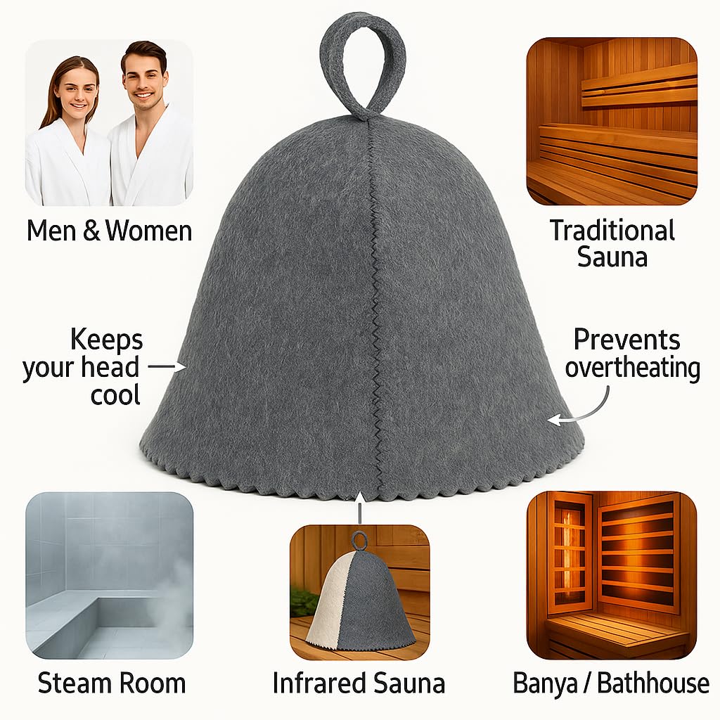 Premium Sauna Hat – 100% Natural Wool, Handmade Sauna Headwear for Men and Women – Eco-Friendly, Breathable, Insulating Hat for Sauna, Steam Room, Banya, and Bathhouse – One Size Fits All, Grey