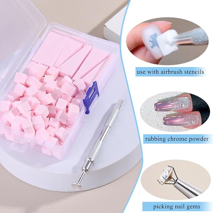 100Pcs Soft Nail Sponges for Ombre, Gradient Effect Pink Nail Art Sponges With Grabbing Pen 6Pcs Wedge Sponges Aura Nails Ombre Nail Brush Professional Accessories Manicure Salon Supplies