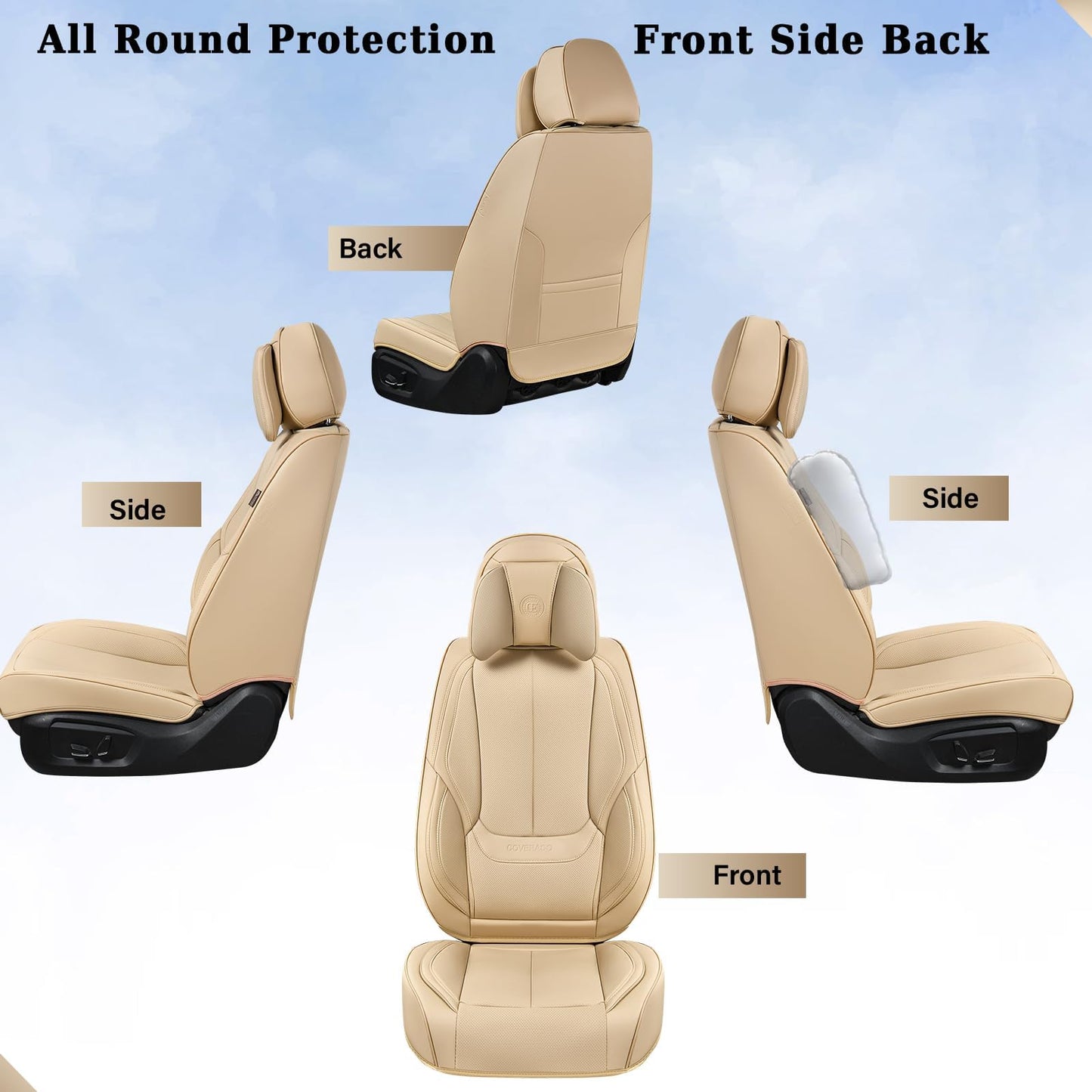 Coverado Universal Seat Covers Full Set, 5 Seats Universal Seat Covers for Cars, Waterproof NAPPA Leather Car Seat Covers with Head Pillow, Seat Protectors Fit for Most Sedans SUV Pick-up Truck, Beige