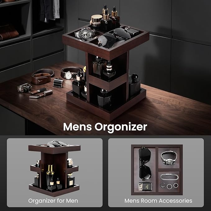 EXIN DECHEN Cologne Organizer for Men,Cologne Stand,Wood Perfume Shelf with Rotate,Desk Organizer,Gift for Dad From Wife,Husband Boyfriend Birthday Gift Ideas,Fathers Day Gift for Men