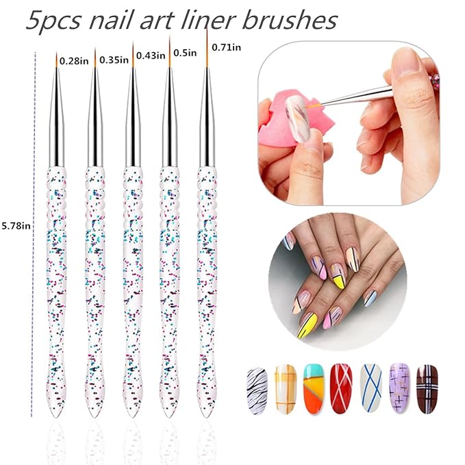 Nail Dotting Tools 10 Pcs Kit - 5 pcs Double-end Nail Dotting tools and 5 Pcs Nail Art Liner Painting Brushes