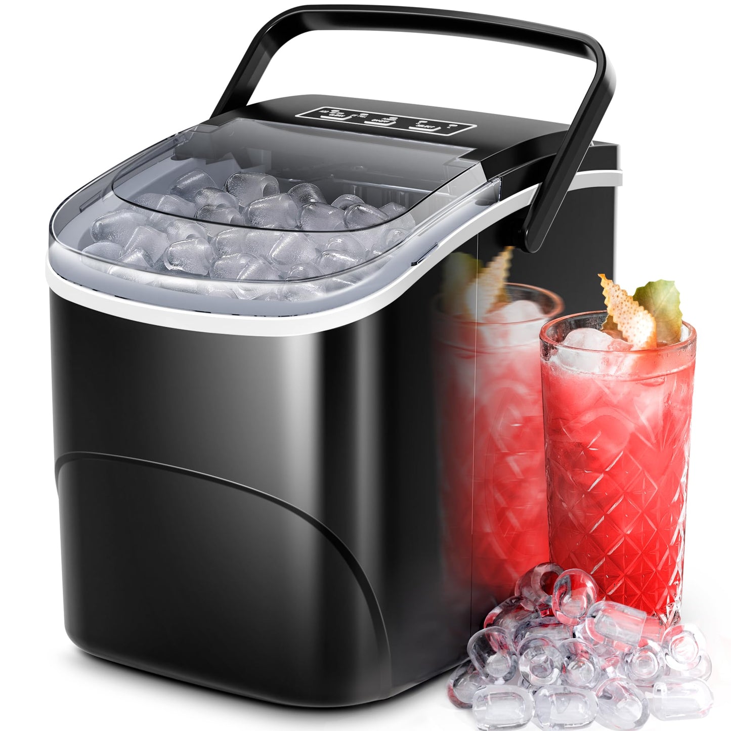 Ice Makers Countertop,9 Cubes in 6 Mins,2 Sizes of Bullet Ice,Portable Ice Maker Machine with Handle,26.5Lbs/24H,Self-Cleaning for Home Use(Black)