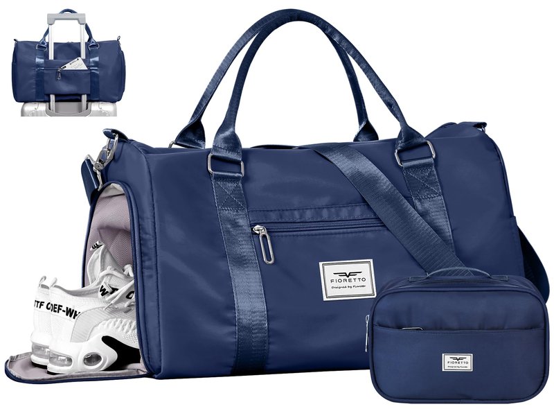 FIORETTO Womens Gym Tote Duffle Bag with Toiletry Bag, Sports Duffel Overnight Hospital Workout Carry on Bag for Girls with Wet Pocket & Shoe Compartment, Ideal for Travel, Swimming, Dance Navy Blue