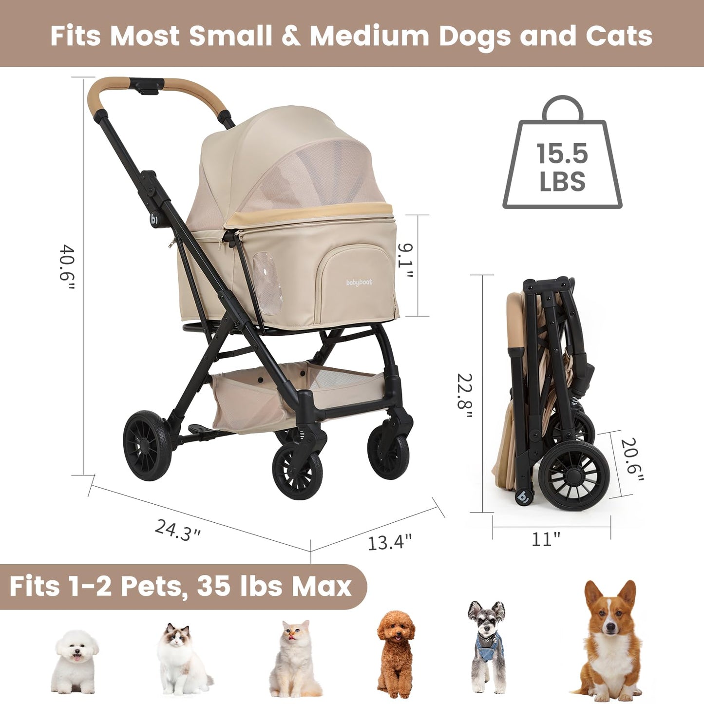 Foldable Dog Stroller Portable Compact Pet Stroller for Small Medium Dogs Cats Up to 35lbs One Click Folding Large Cat Carriage with Adjustable Canopy, Storage Basket - Khaki