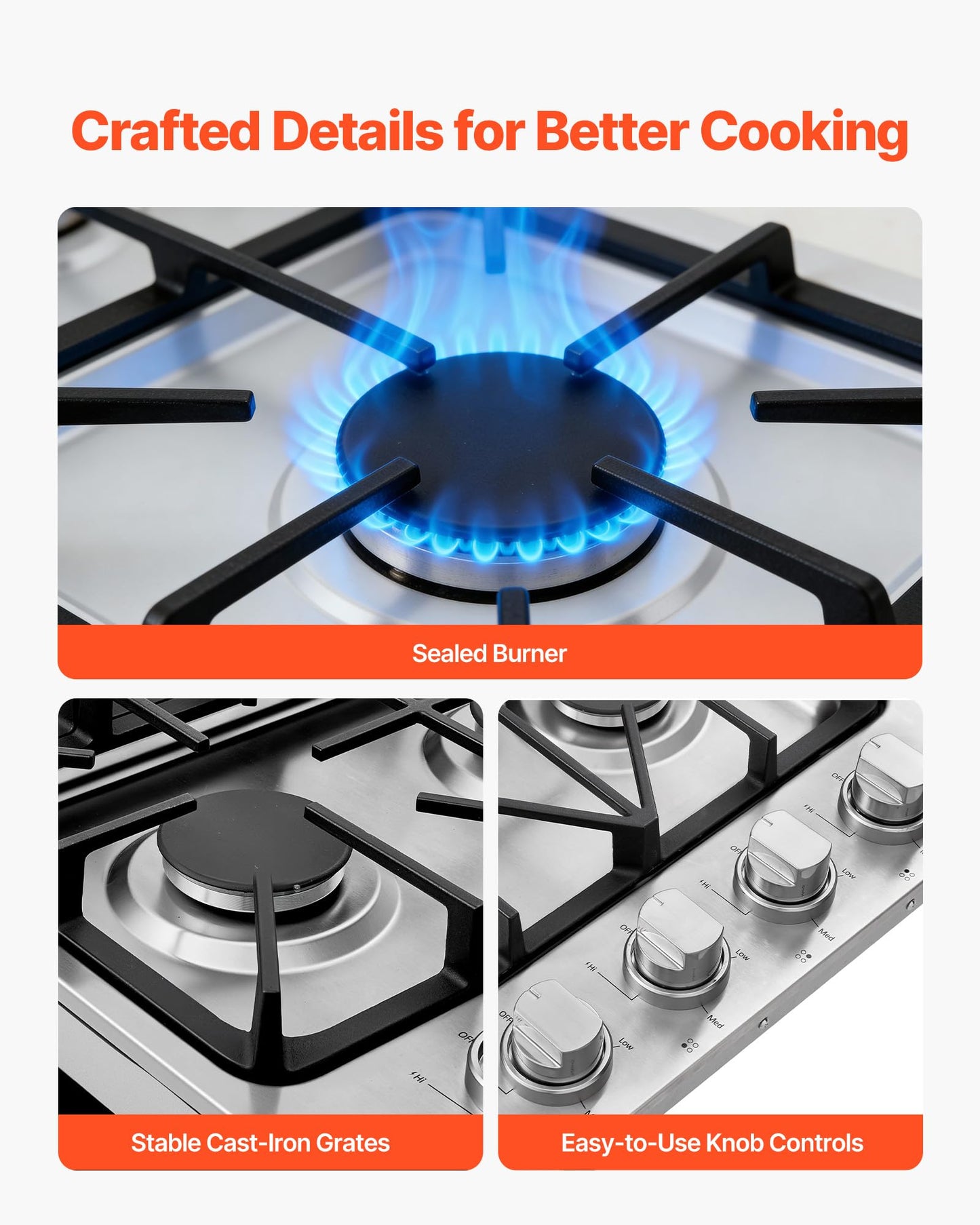 VEVOR Gas Cooktop, 30 inch 4 Burners Gas Stove Top, Max 48000BTU Built-in Stainless Steel Stove Top LPG/NG Convertible Dual Fuel Cooktop Stoves with Sealed Burner for Sear, Stew, Boil, Stir-Fry