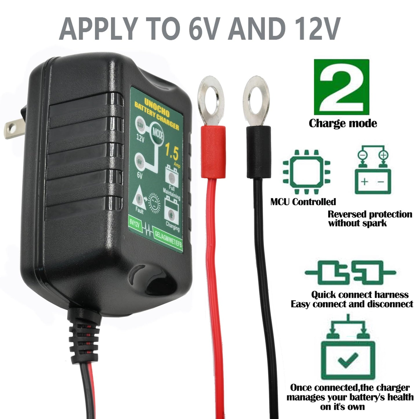6V 12V Battery Charger 1.5A Automatic Battery maintainer trickle Battery Charger Smart Float Charger for auto car Motorcycle Lawn Mower Boat Motorcycle Snowmobile