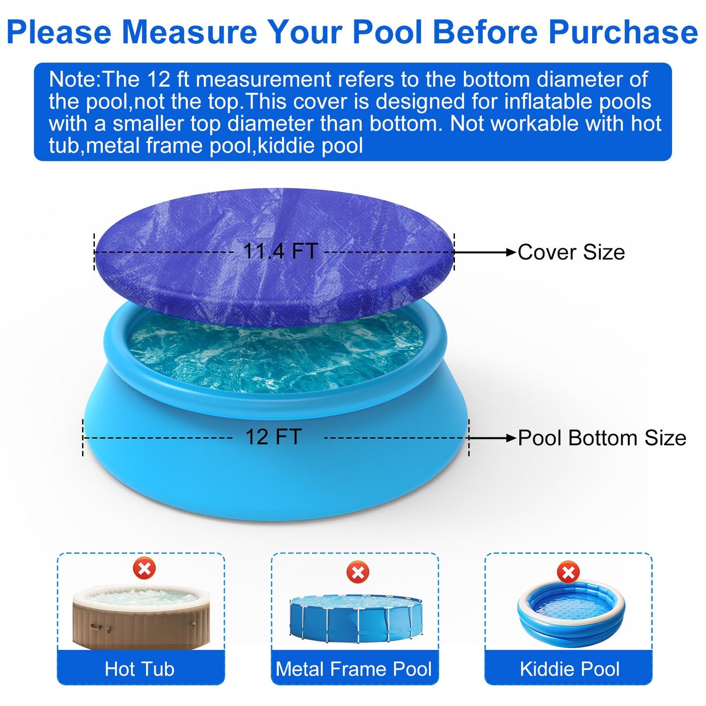 12FT Round Inflatable Pool Cover, Outdoor Swimming Pool Cover for Intex Above Ground Pools with Elastic Band, Waterproof and Dustproof, No Drain Holes, Prevent Leaves, Debris and Dust
